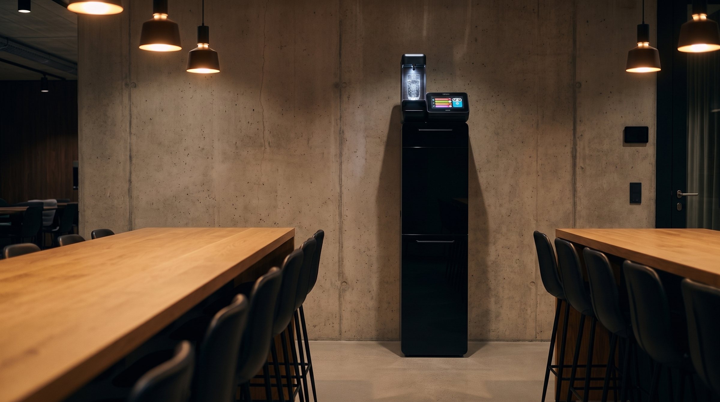 Het H2YO station in een pantry met betonnen wand, een lange eiken statafel met krukken en koperen hanglampen