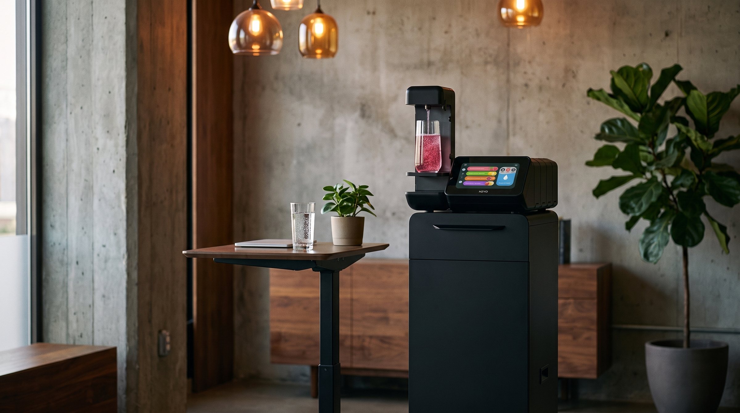 H2YO station naast een sta-tafel met een glas bruiswater in een lichte kantoorruimte