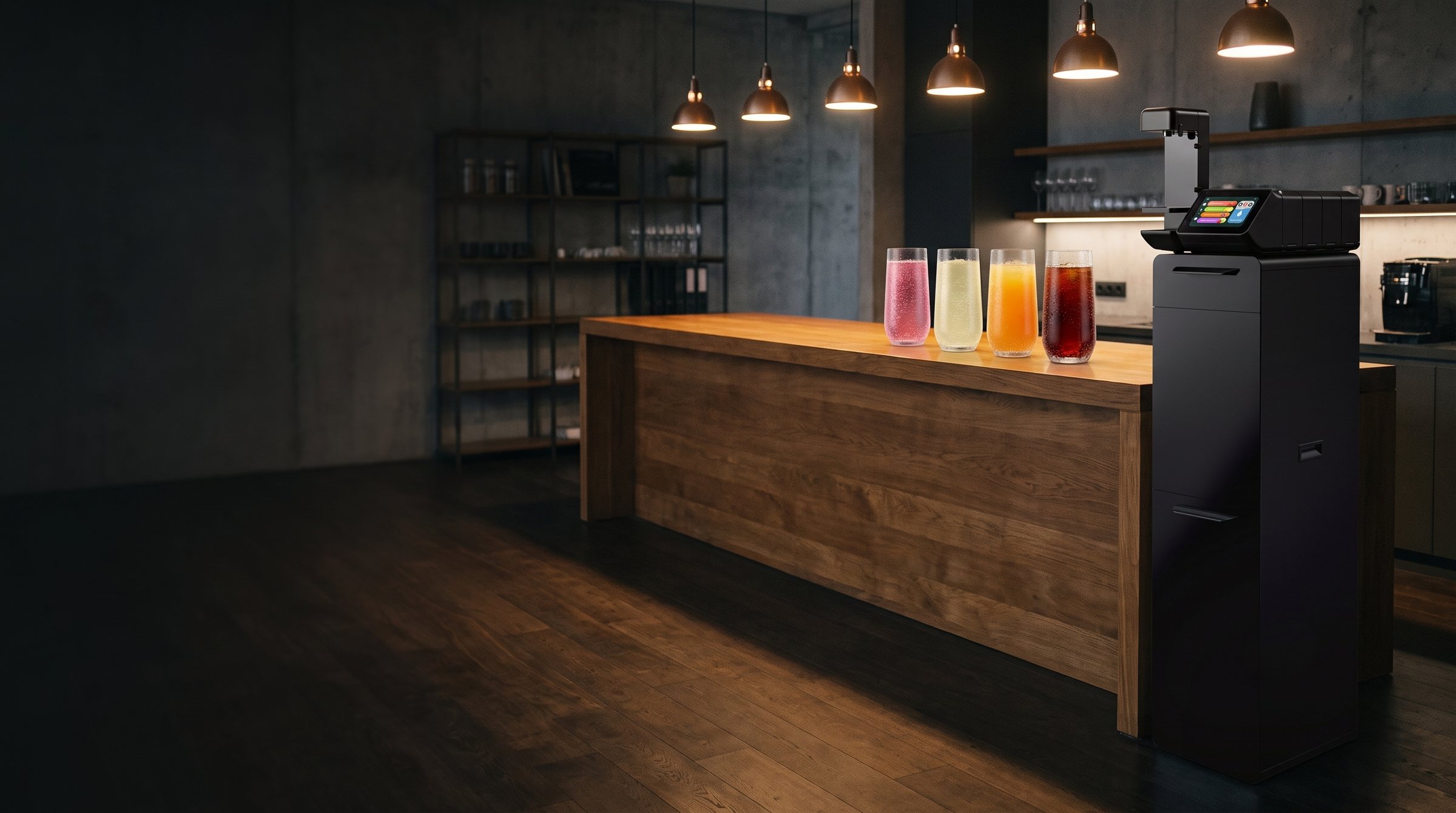 H2YO station in een kantoorpantry met vier glazen suikervrij smaakwater in verschillende smaken