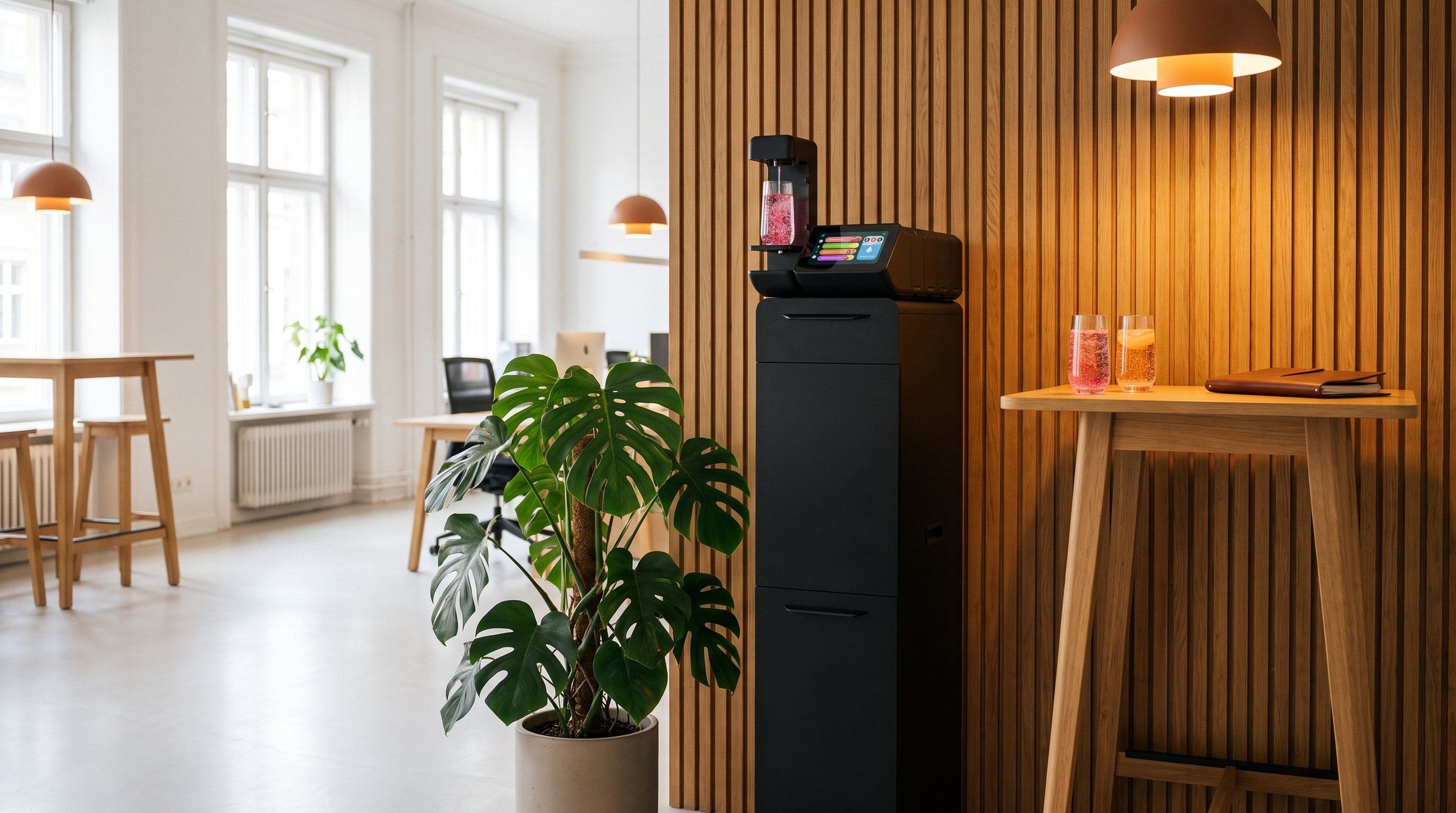 H2YO station op een kantoorvloer naast een statafel met twee glazen bruisend smaakwater