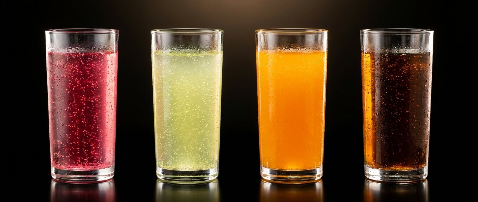 Vier hoge glazen bruisend smaakwater op een rij: roze raspberry, geelgroene lemon, oranje citrus en donker amberkleurige chinotto