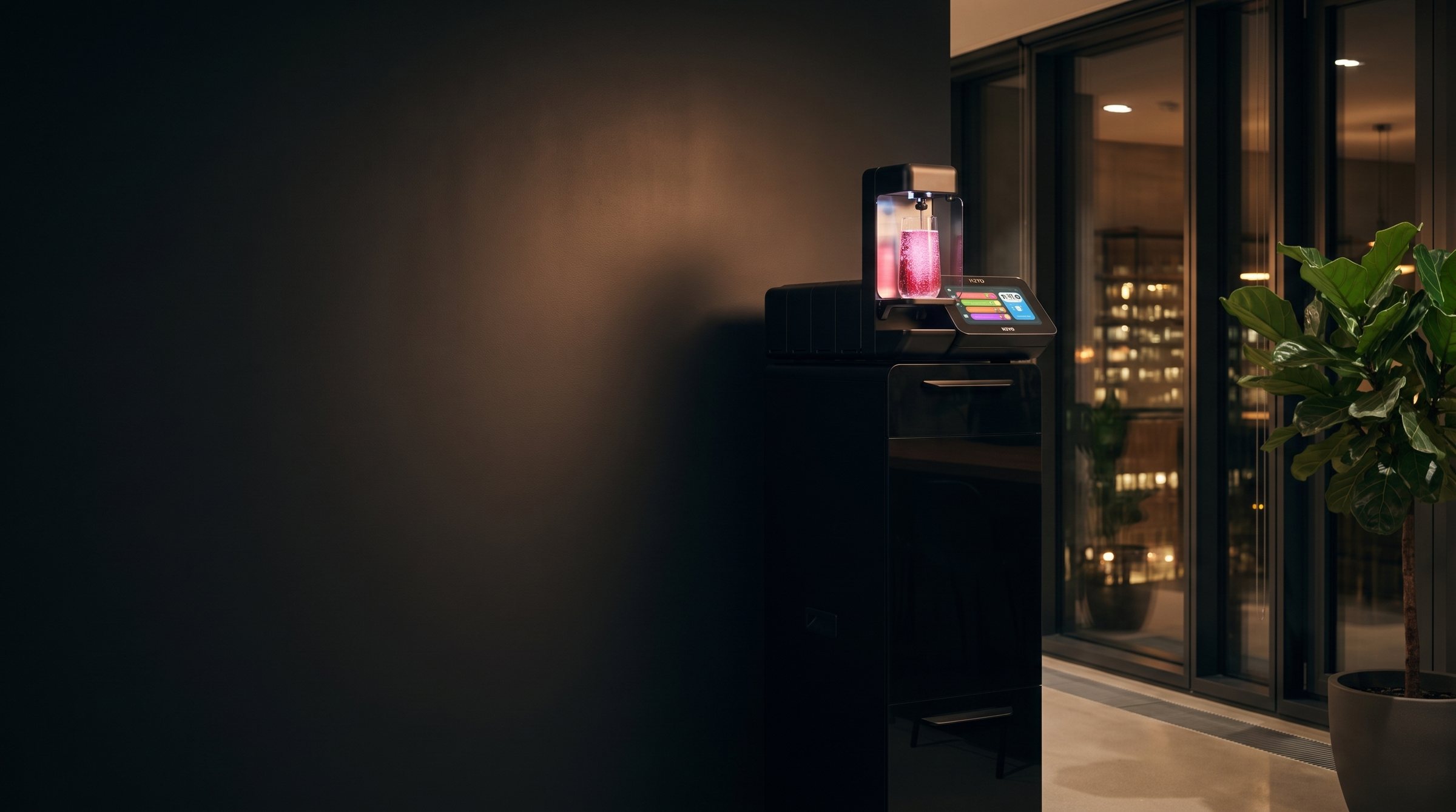 Het H2YO station in een donkere kantoorlounge bij avond, naast een raam met stadslichten; het scherm en een glas roze smaakwater lichten op