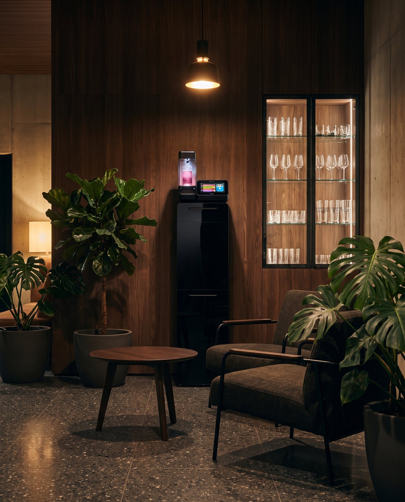 Ontvangstlobby met fauteuils, planten en een verlichte kast met glazen; het H2YO station tegen de houten wand