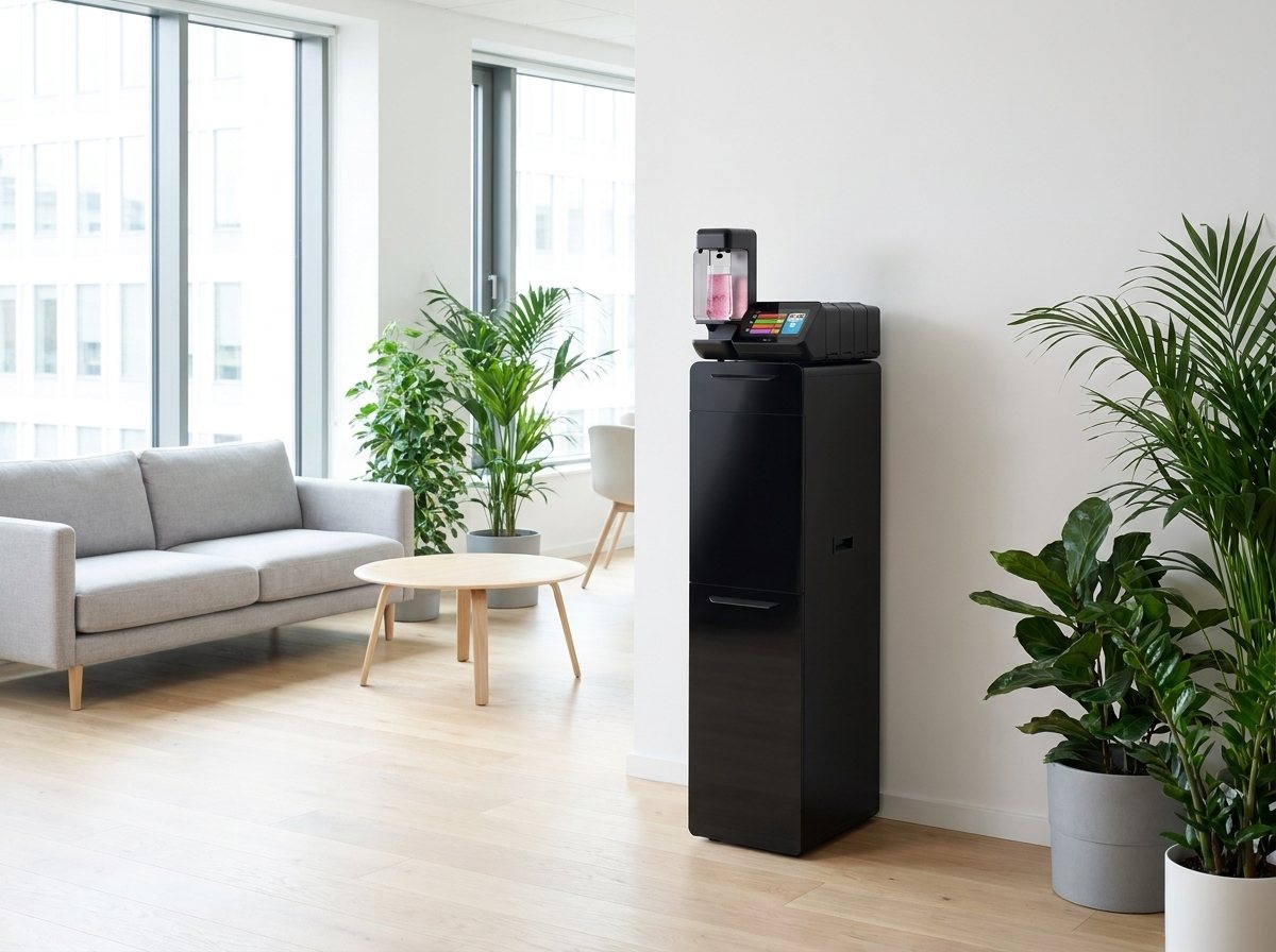 Het H2YO station in een lichte kantoorlounge met bank, ronde tafel en planten