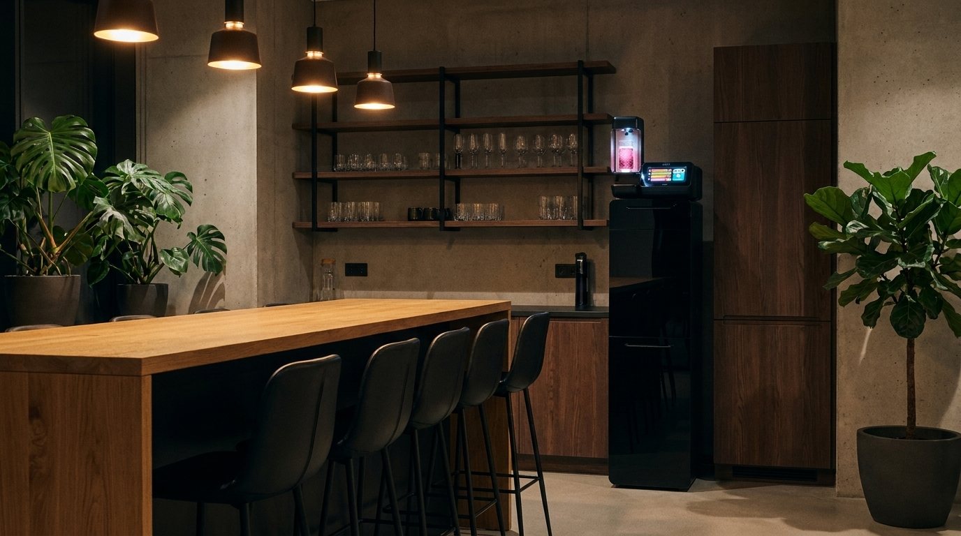 Kantoorpantry in de avond met eiken bar, krukken en planten; het H2YO station tegen de achterwand