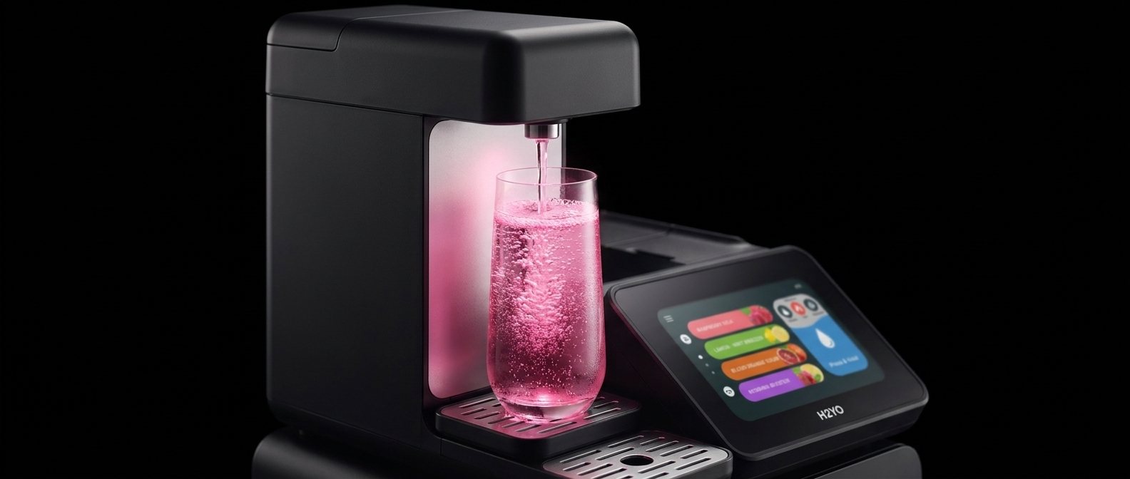 Close-up van de tapplaat: de tap vult een hoog glas met roze bruisend smaakwater, het touchscreen rechts onscherp