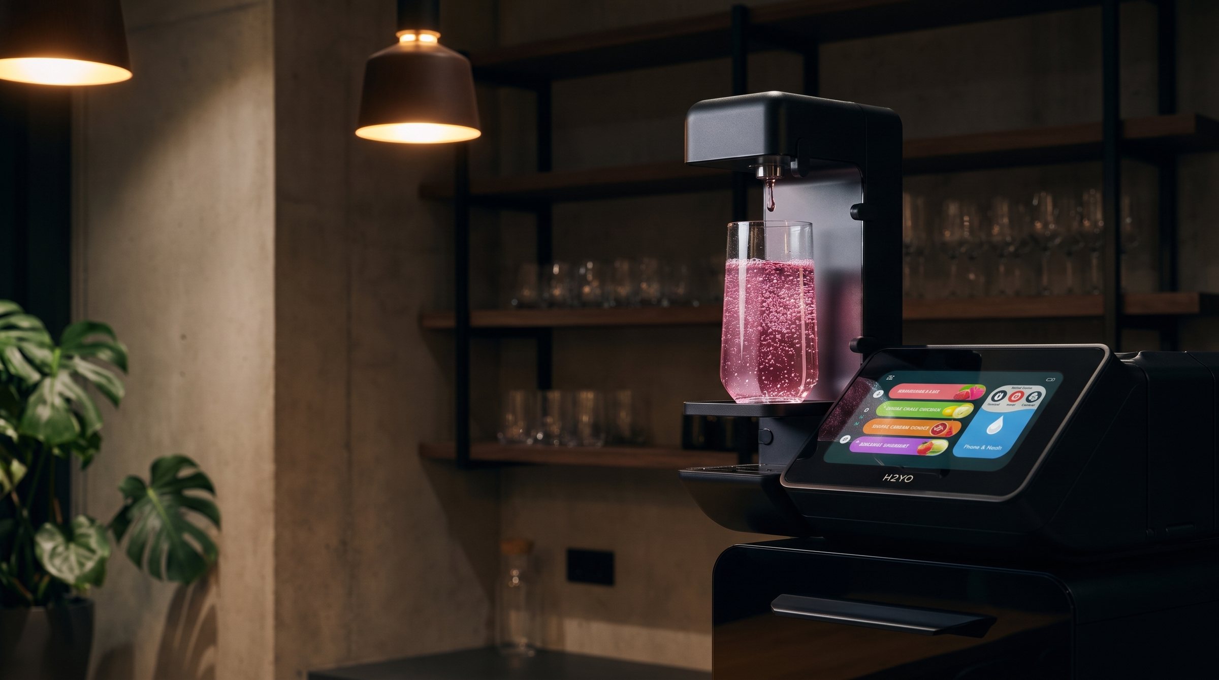 A glass of pink sparkling water, just poured, on the tap plate of the H2YO station