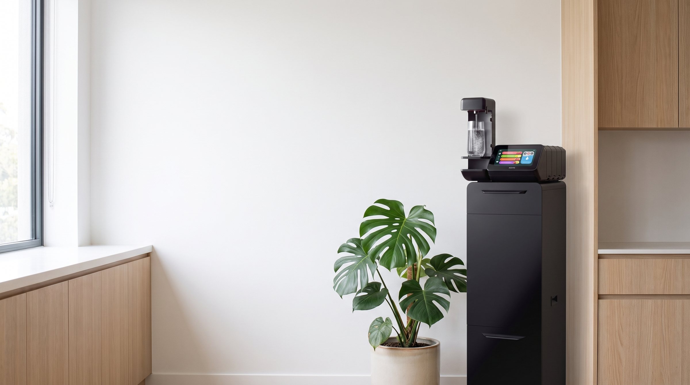 The H2YO station in a bright office kitchen next to a plant