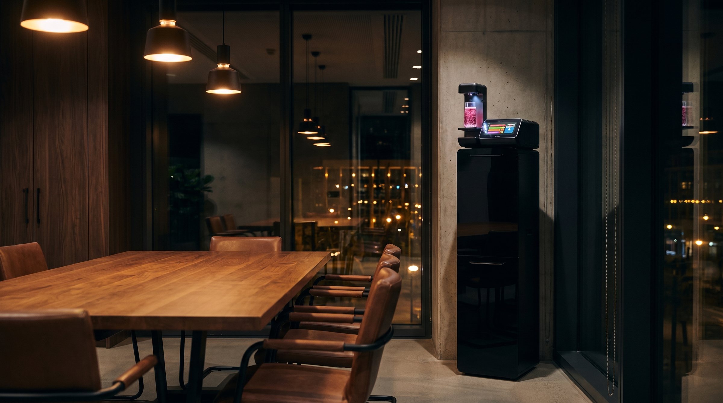 The H2YO station in the corner of a glass meeting room in the evening, city lights behind the window