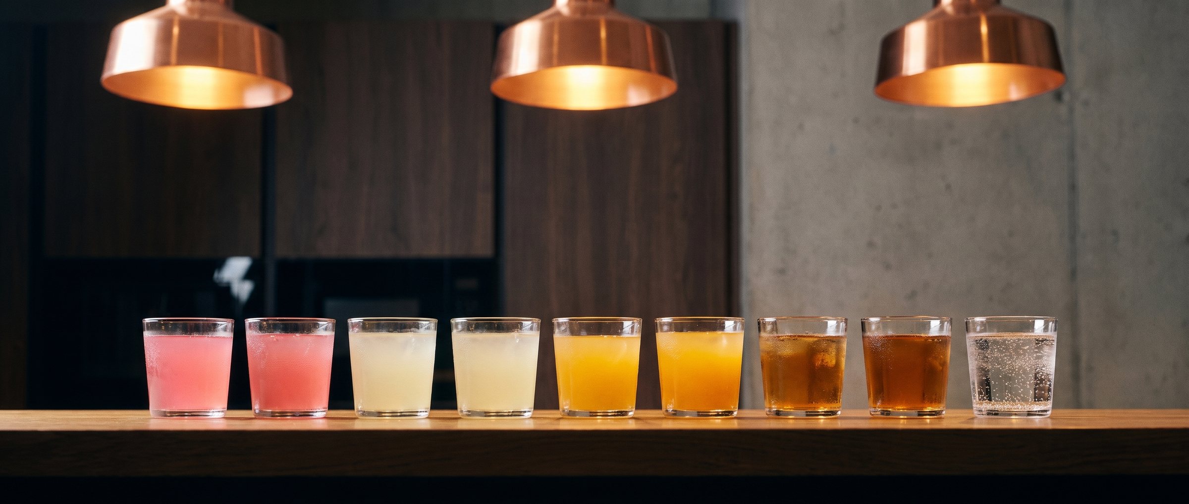 Een rij glazen smaakwater op een eiken bar, van roze en geel tot oranje en amber, onder koperen hanglampen