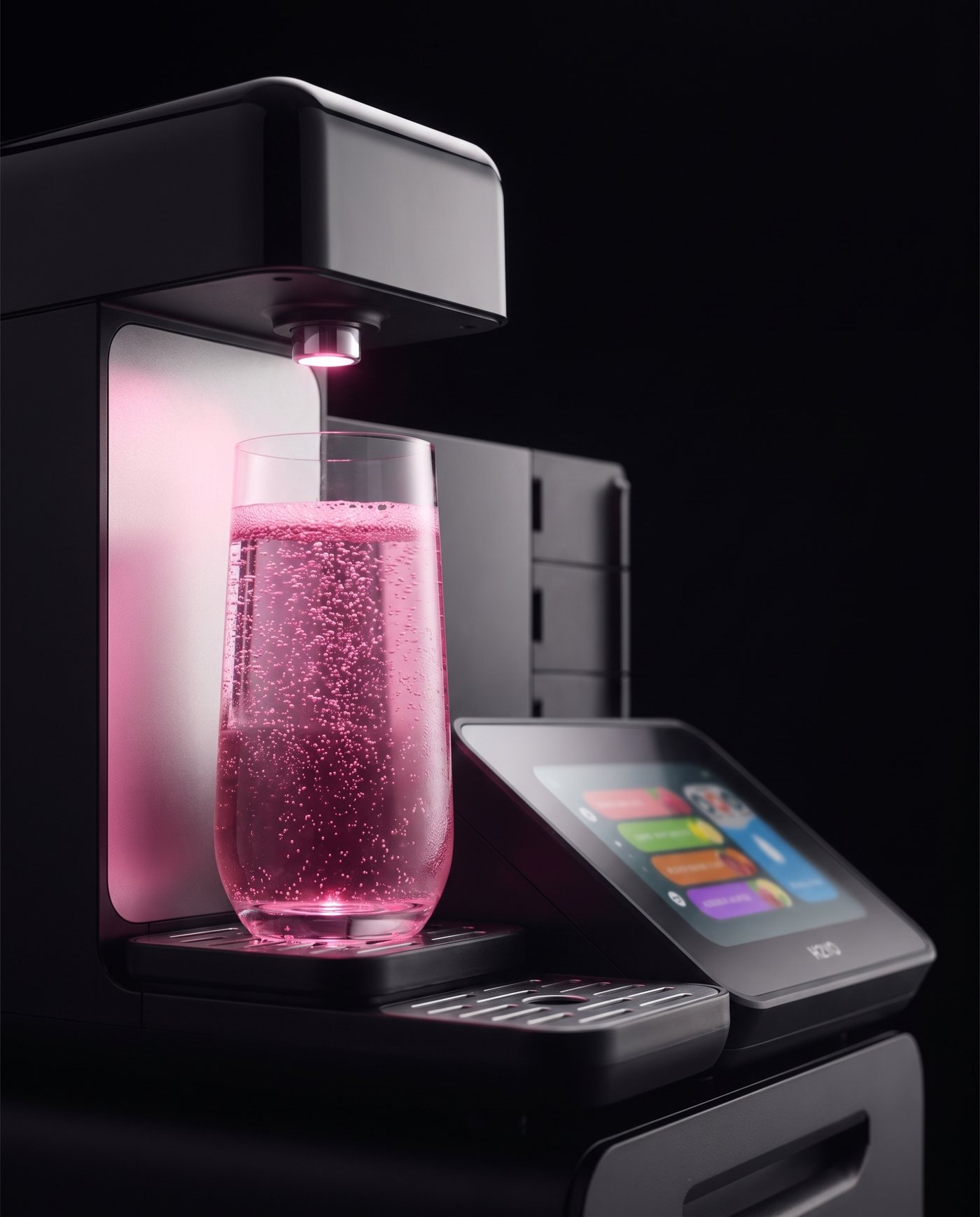 Close-up van de tap en het scherm van het H2YO station met een glas roze bruiswater
