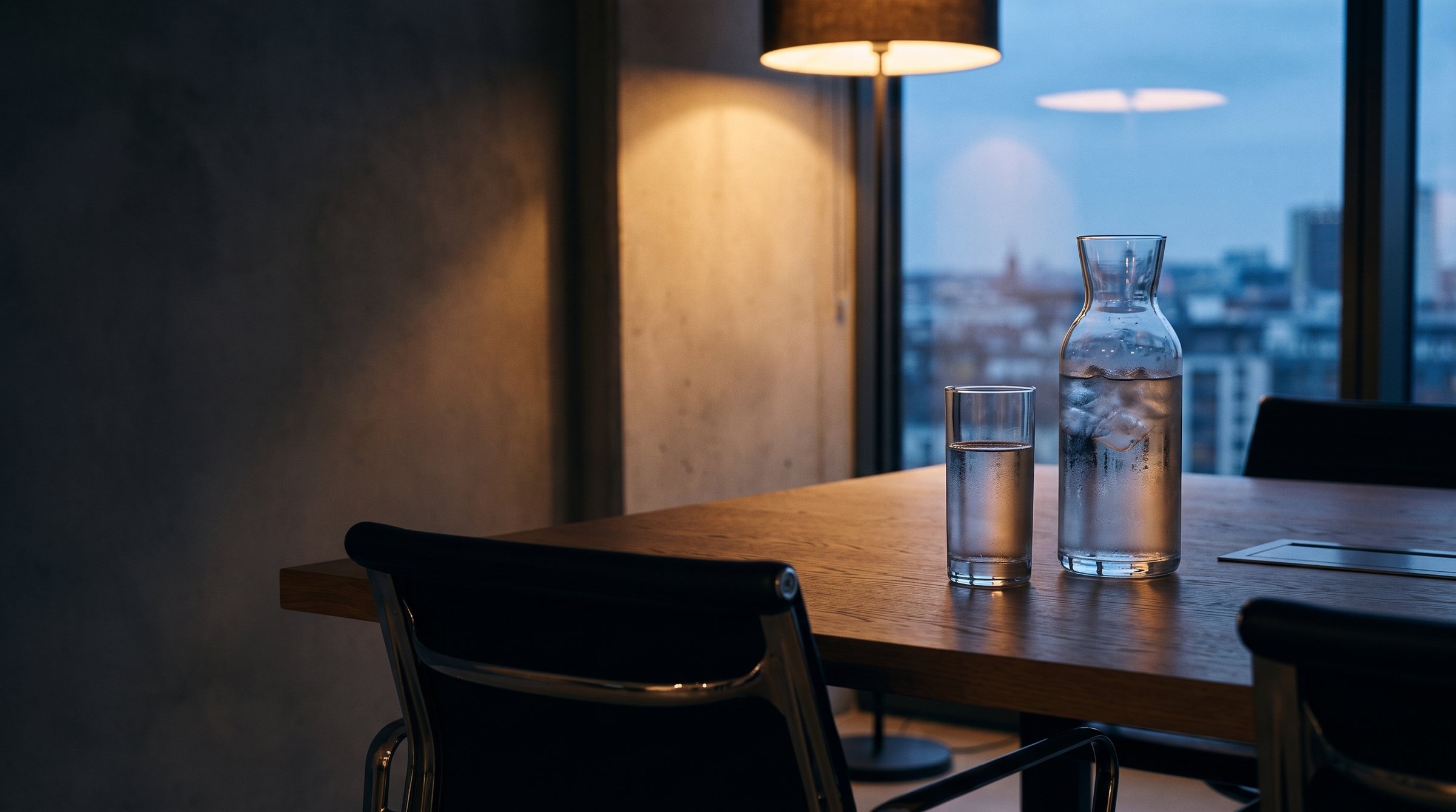 Een karaf en een glas water op een vergadertafel bij schemerlicht
