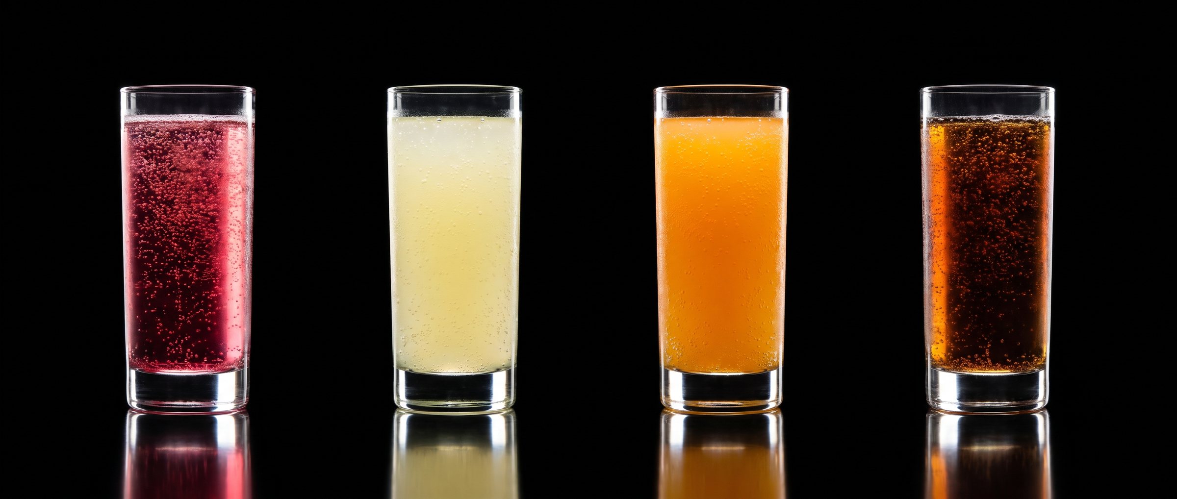 Vier glazen smaakwater op een rij: raspberry, lemon, citrus en chinotto