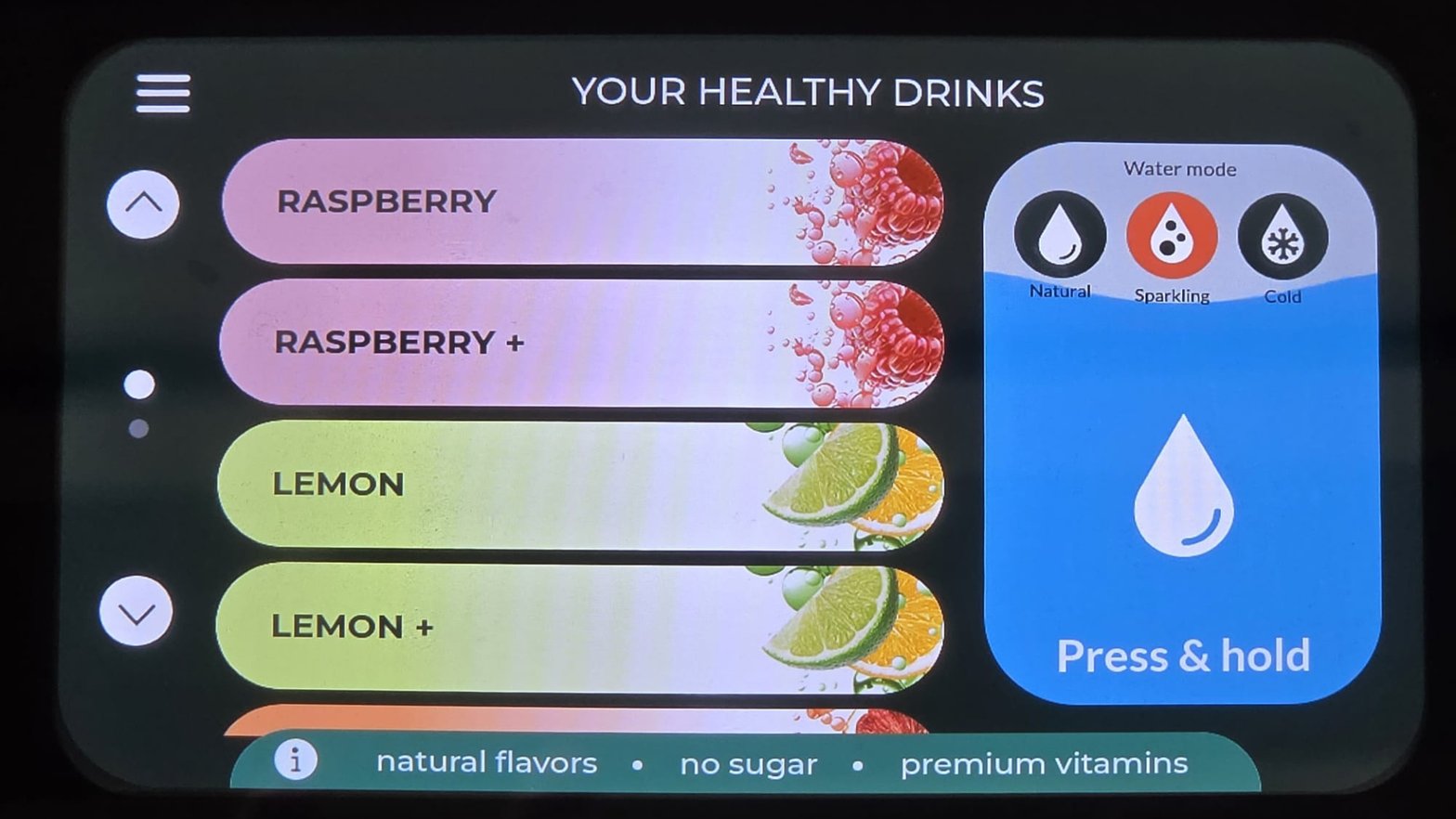 Het touchscreen van het H2YO station met de smaken-keuze
